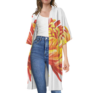 Watercolor Chrysanthemum Print Open Front Beach Cover Up