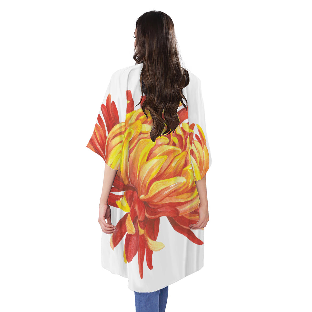 Watercolor Chrysanthemum Print Open Front Beach Cover Up