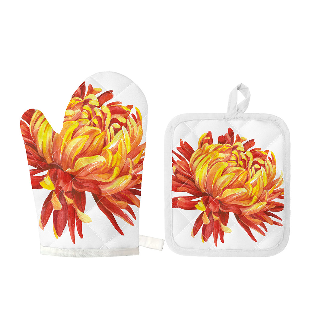 Watercolor Chrysanthemum Print Oven Mitt And Pot Holder Set