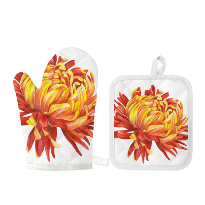 Watercolor Chrysanthemum Print Oven Mitt And Pot Holder Set