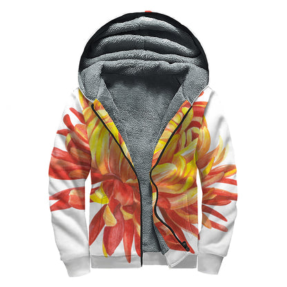 Watercolor Chrysanthemum Print Sherpa Lined Zip Up Hoodie