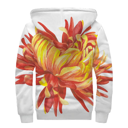 Watercolor Chrysanthemum Print Sherpa Lined Zip Up Hoodie