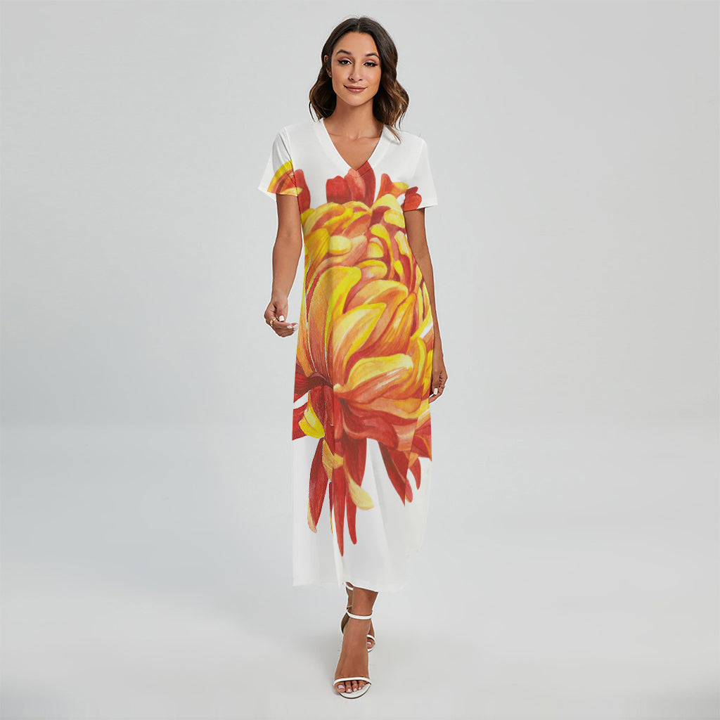 Watercolor Chrysanthemum Print Short Sleeve Maxi Dress