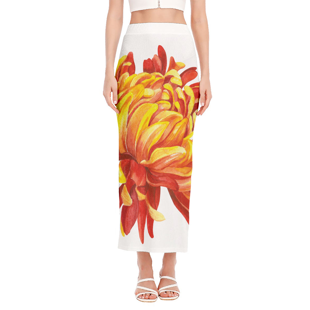 Watercolor Chrysanthemum Print Side Slit Maxi Skirt