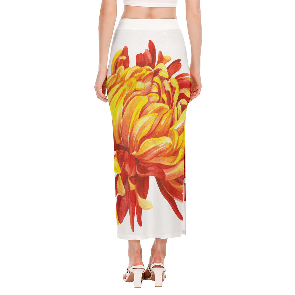 Watercolor Chrysanthemum Print Side Slit Maxi Skirt