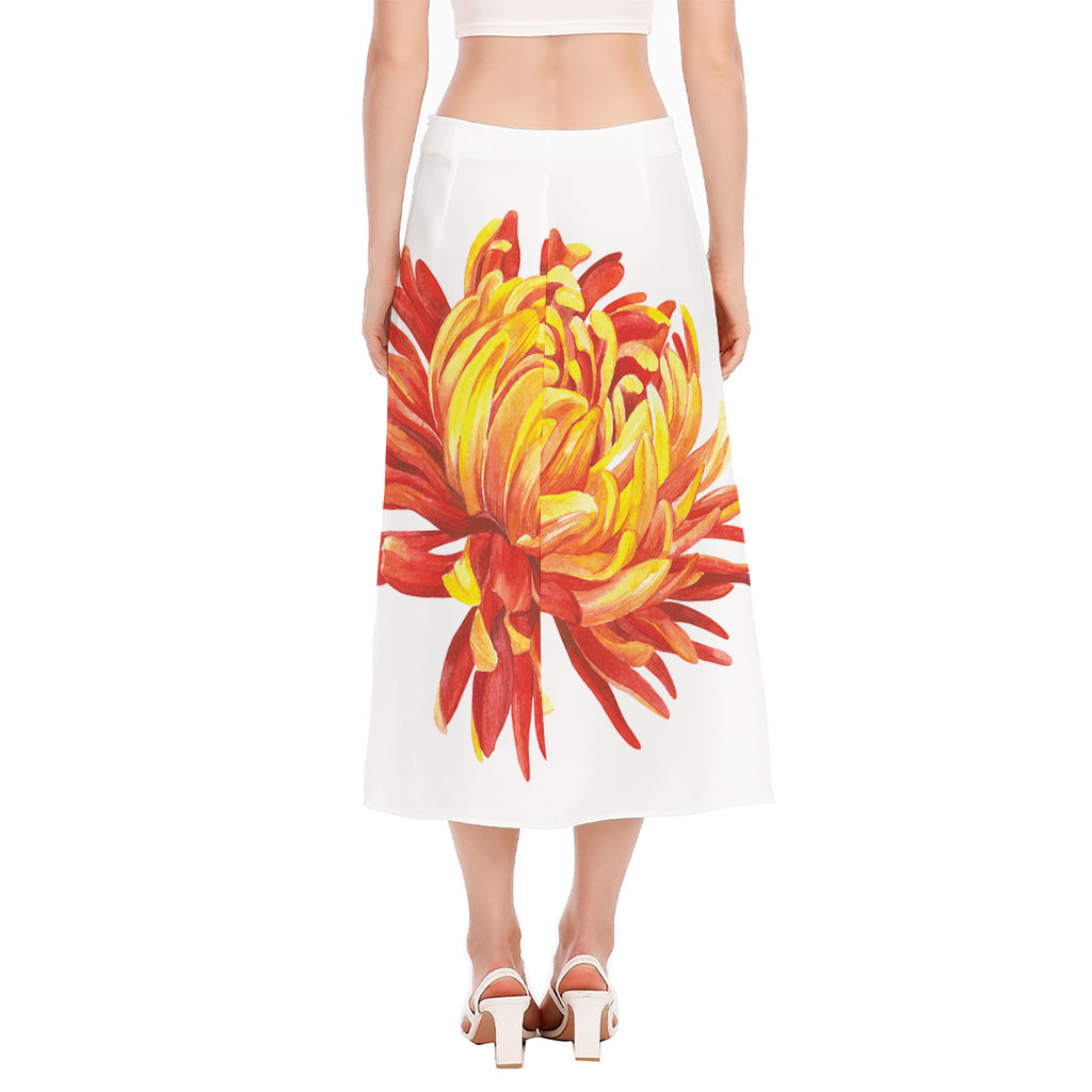 Watercolor Chrysanthemum Print Side Slit Midi Skirt