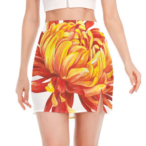 Watercolor Chrysanthemum Print Side Slit Mini Skirt