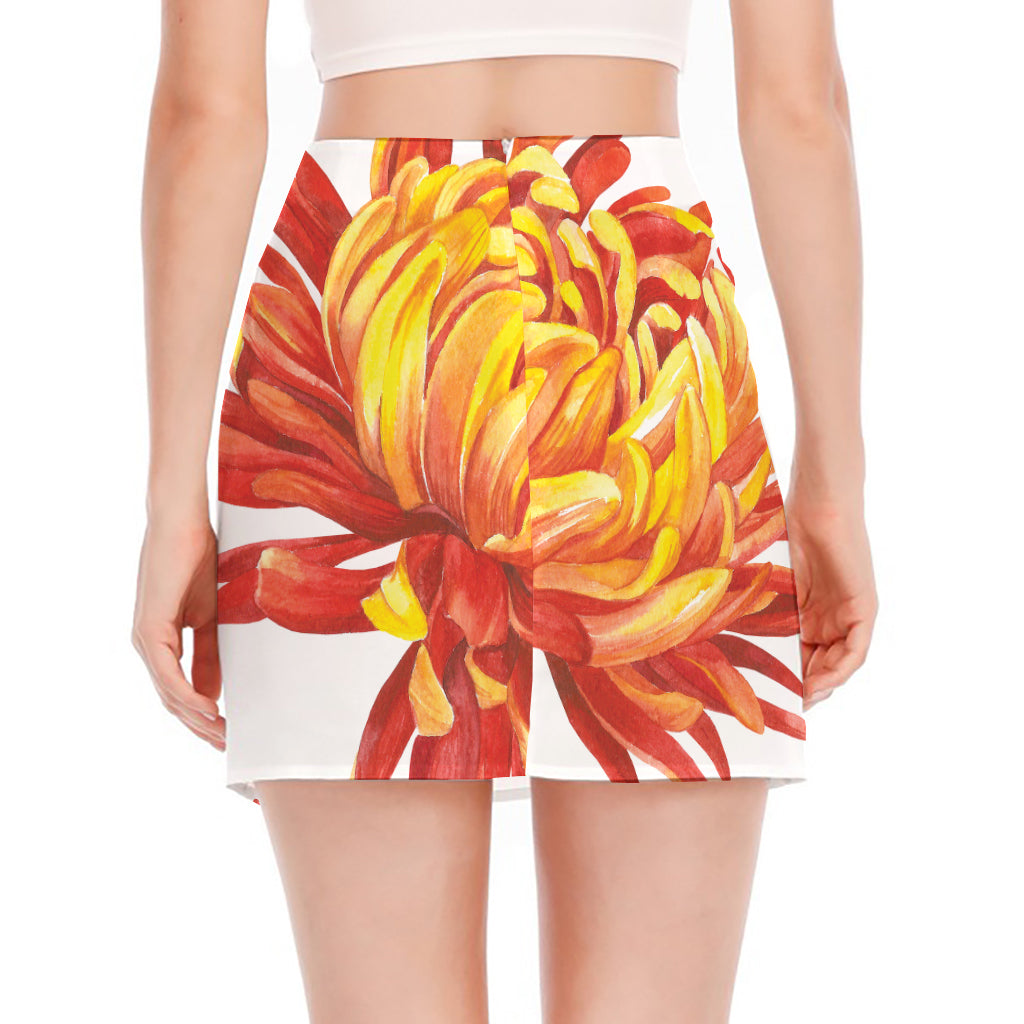 Watercolor Chrysanthemum Print Side Slit Mini Skirt