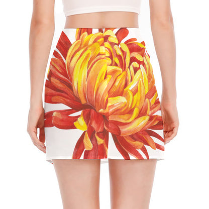 Watercolor Chrysanthemum Print Side Slit Mini Skirt