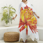 Watercolor Chrysanthemum Print Silk V-Neck Kaftan Dress