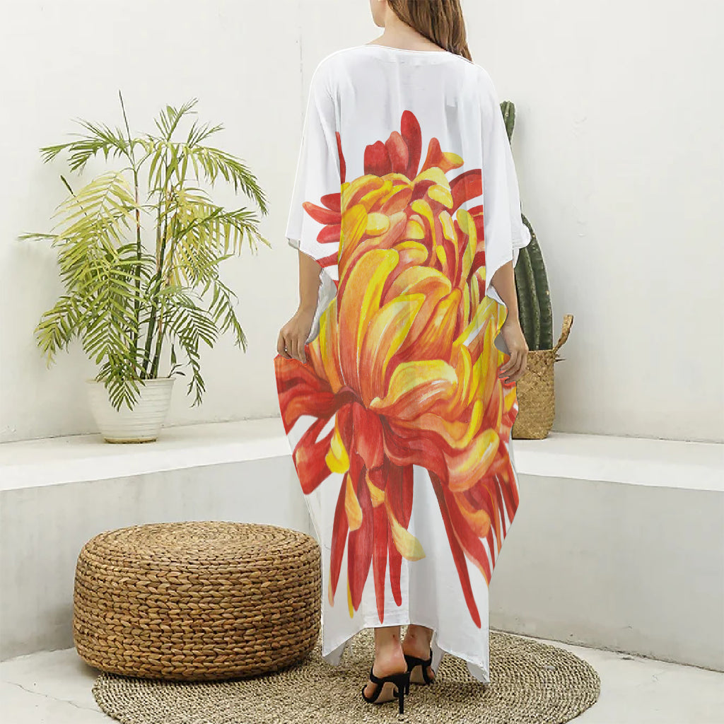 Watercolor Chrysanthemum Print Silk V-Neck Kaftan Dress