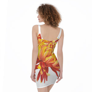 Watercolor Chrysanthemum Print Sleeveless Bodycon Dress