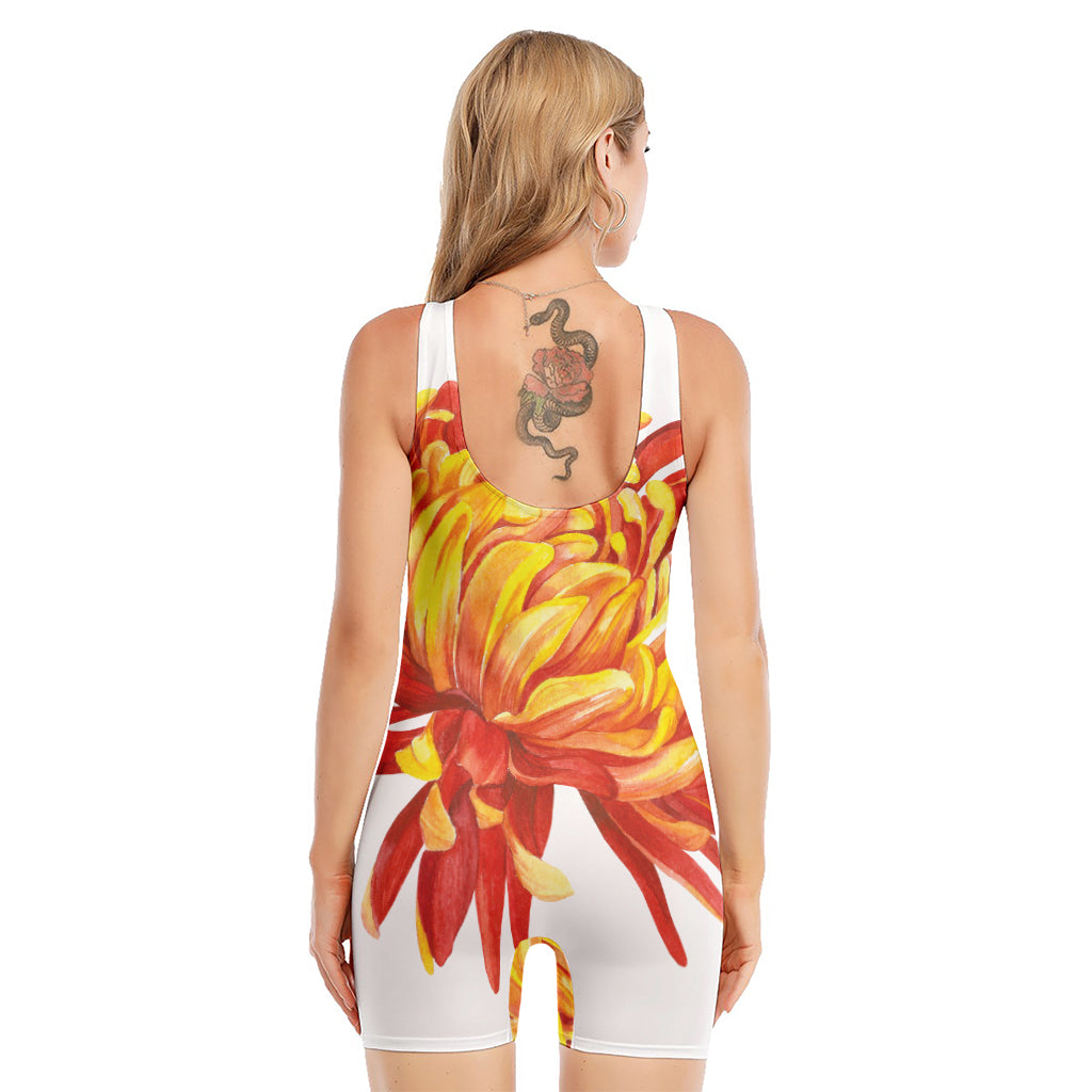 Watercolor Chrysanthemum Print Sleeveless One Piece Swimsuit