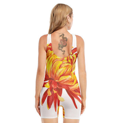Watercolor Chrysanthemum Print Sleeveless One Piece Swimsuit