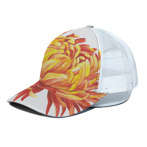 Watercolor Chrysanthemum Print White Mesh Trucker Cap