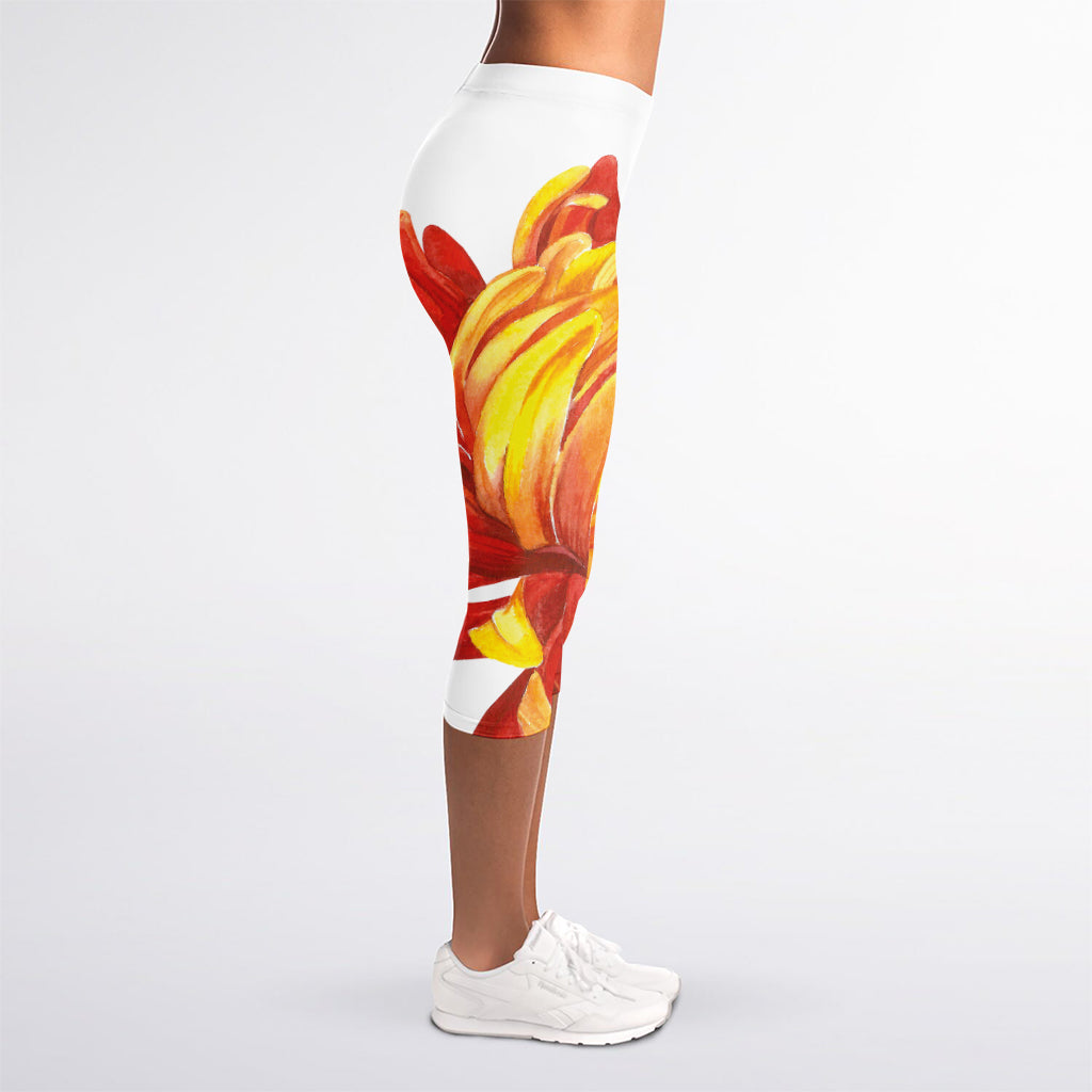 Watercolor Chrysanthemum Print Women's Capri Leggings