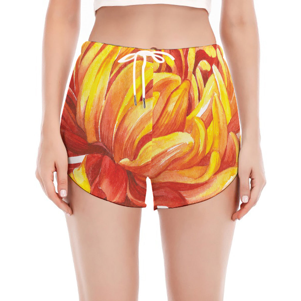 Watercolor Chrysanthemum Print Women's Split Running Shorts