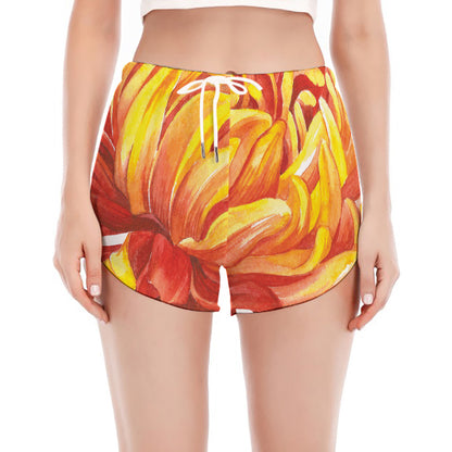 Watercolor Chrysanthemum Print Women's Split Running Shorts