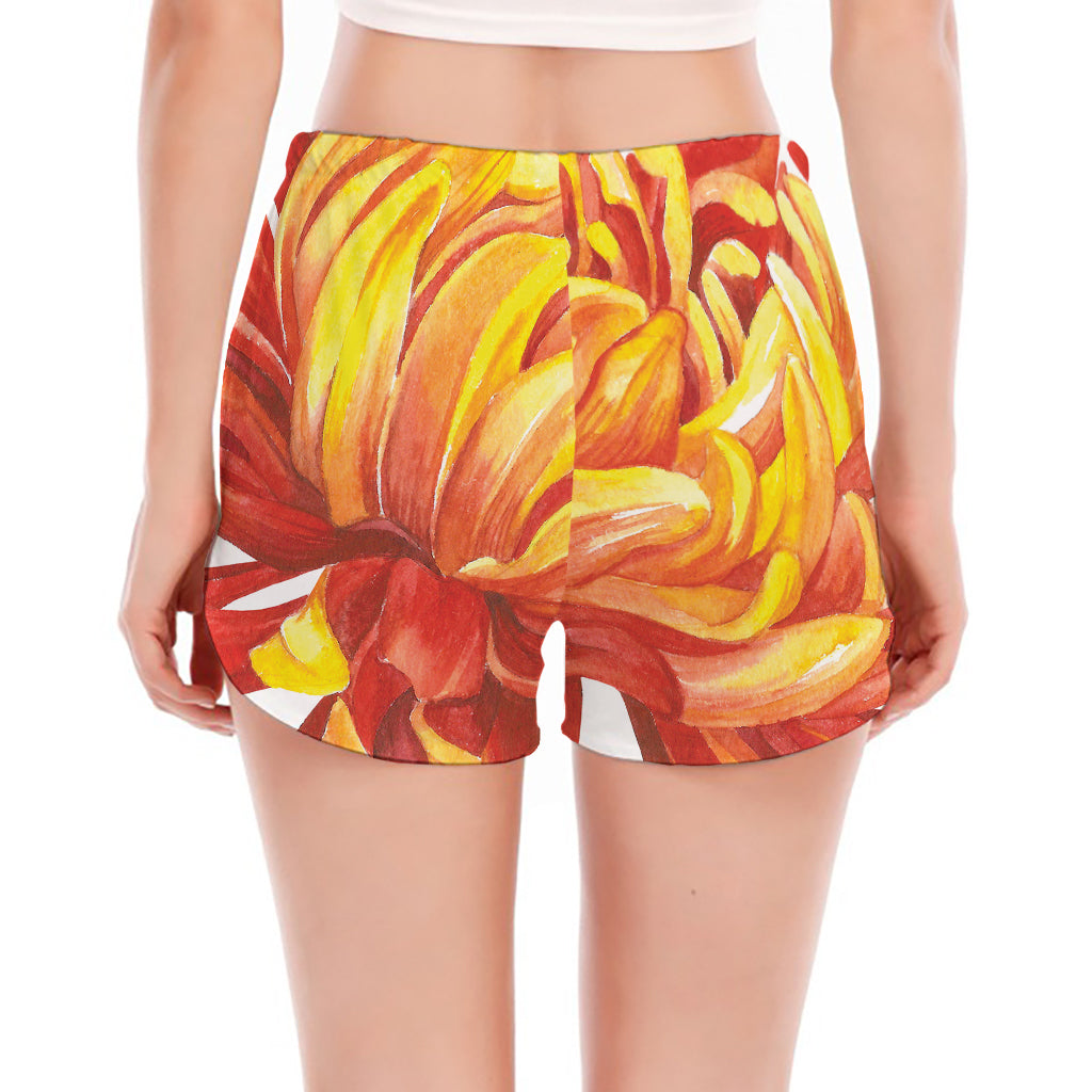 Watercolor Chrysanthemum Print Women's Split Running Shorts