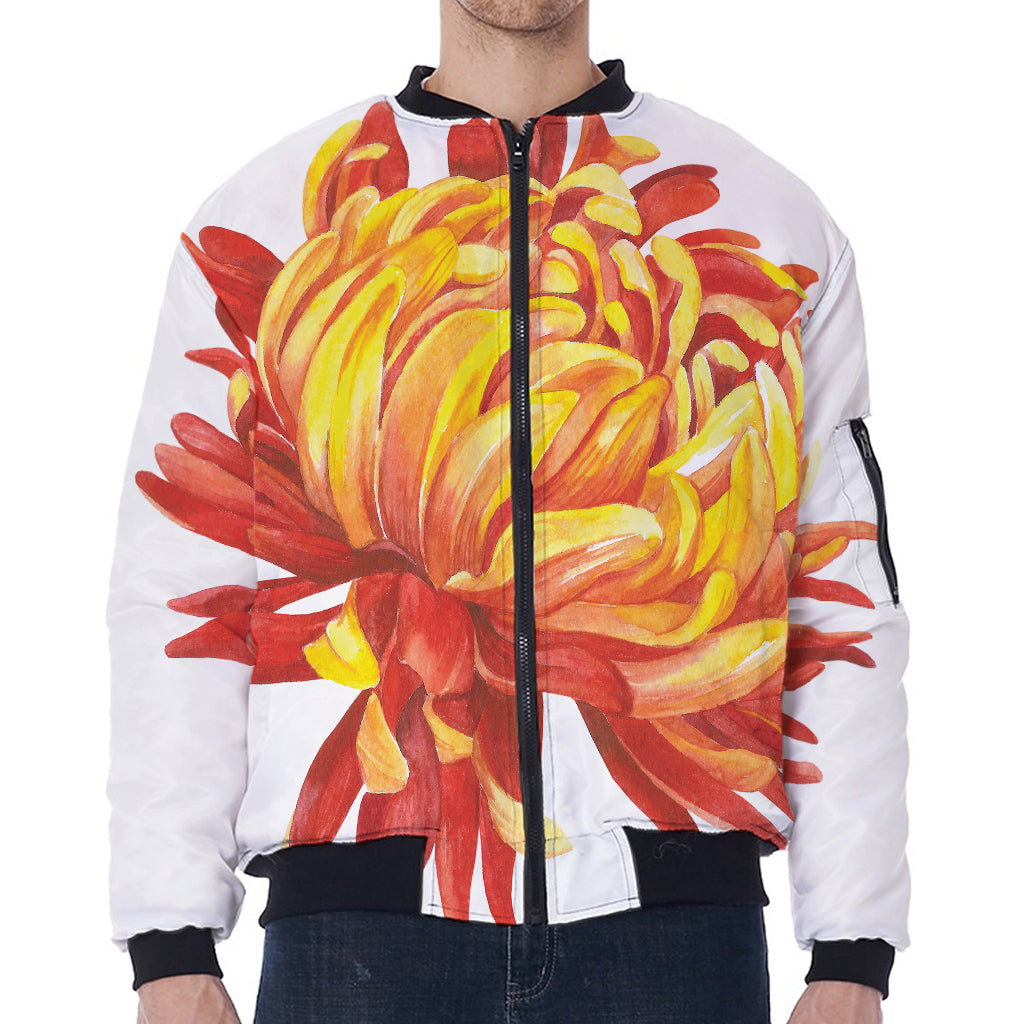 Watercolor Chrysanthemum Print Zip Sleeve Bomber Jacket