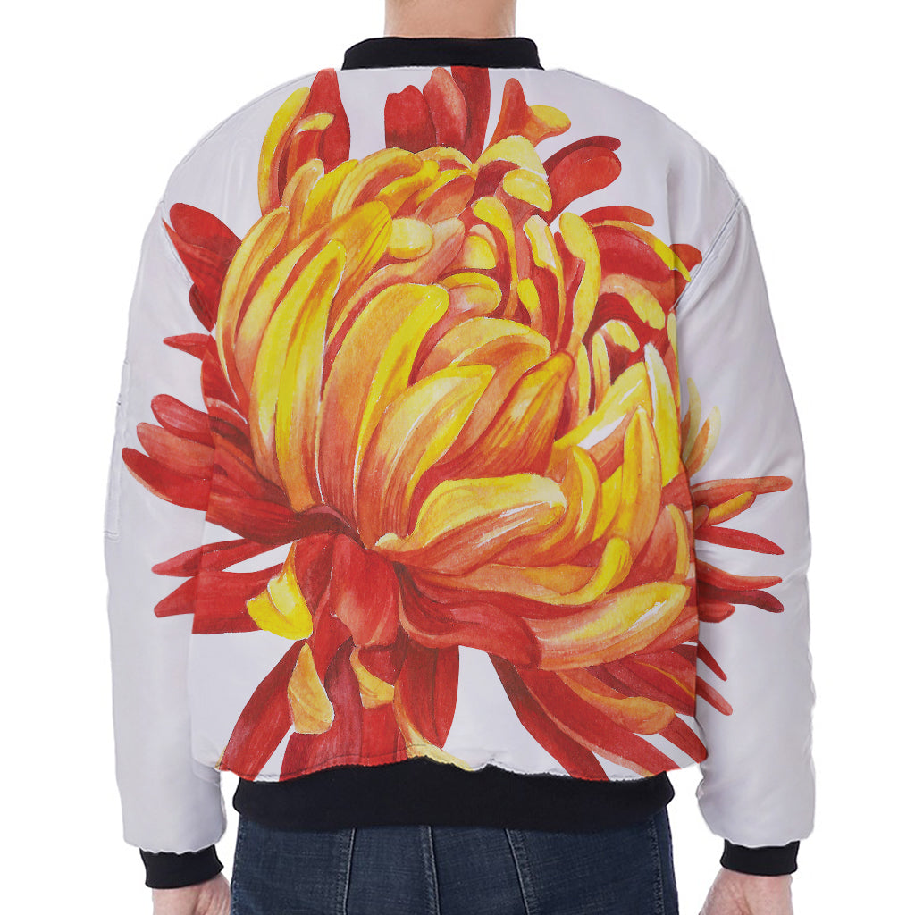 Watercolor Chrysanthemum Print Zip Sleeve Bomber Jacket