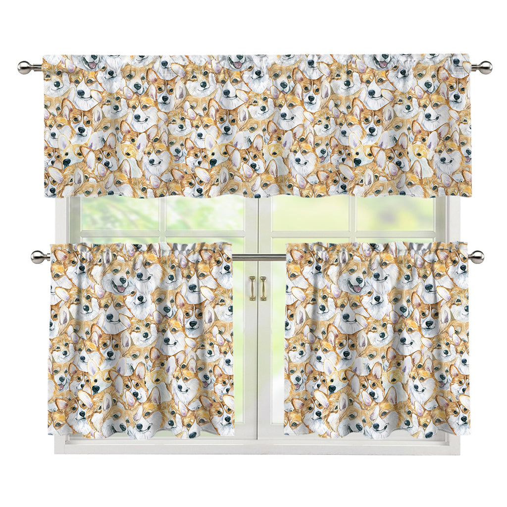Watercolor Corgi Pattern Print 3 Piece Kitchen Curtains