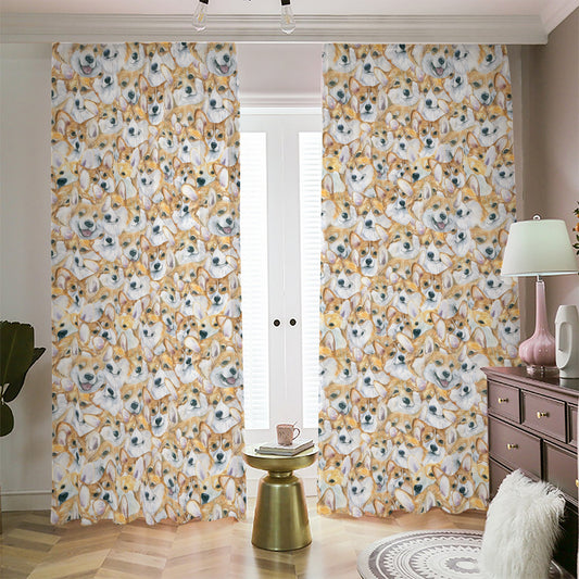Watercolor Corgi Pattern Print Blackout Pencil Pleat Curtains
