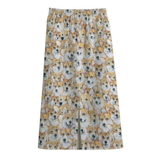 Watercolor Corgi Pattern Print Cotton Front Slit Maxi Skirt