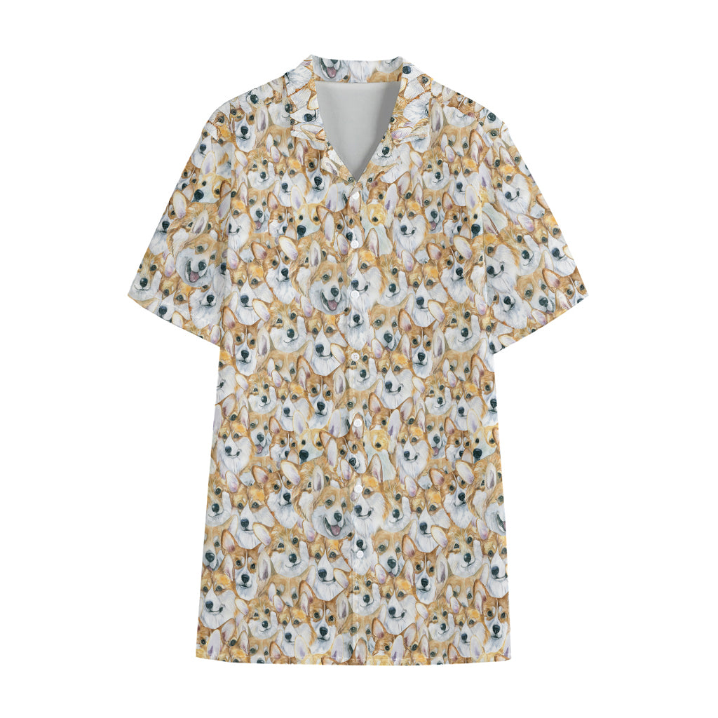 Watercolor Corgi Pattern Print Cotton Hawaiian Shirt