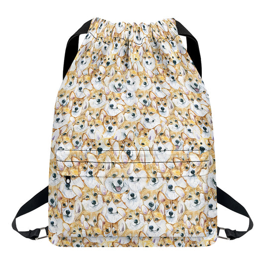 Watercolor Corgi Pattern Print Drawstring Backpack