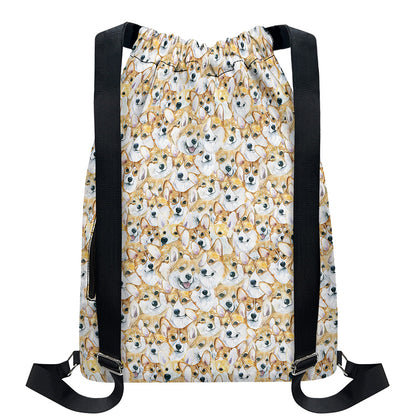 Watercolor Corgi Pattern Print Drawstring Backpack