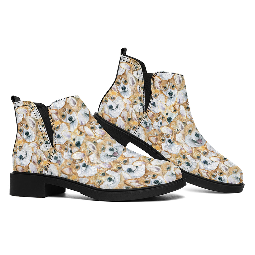 Watercolor Corgi Pattern Print Flat Ankle Boots