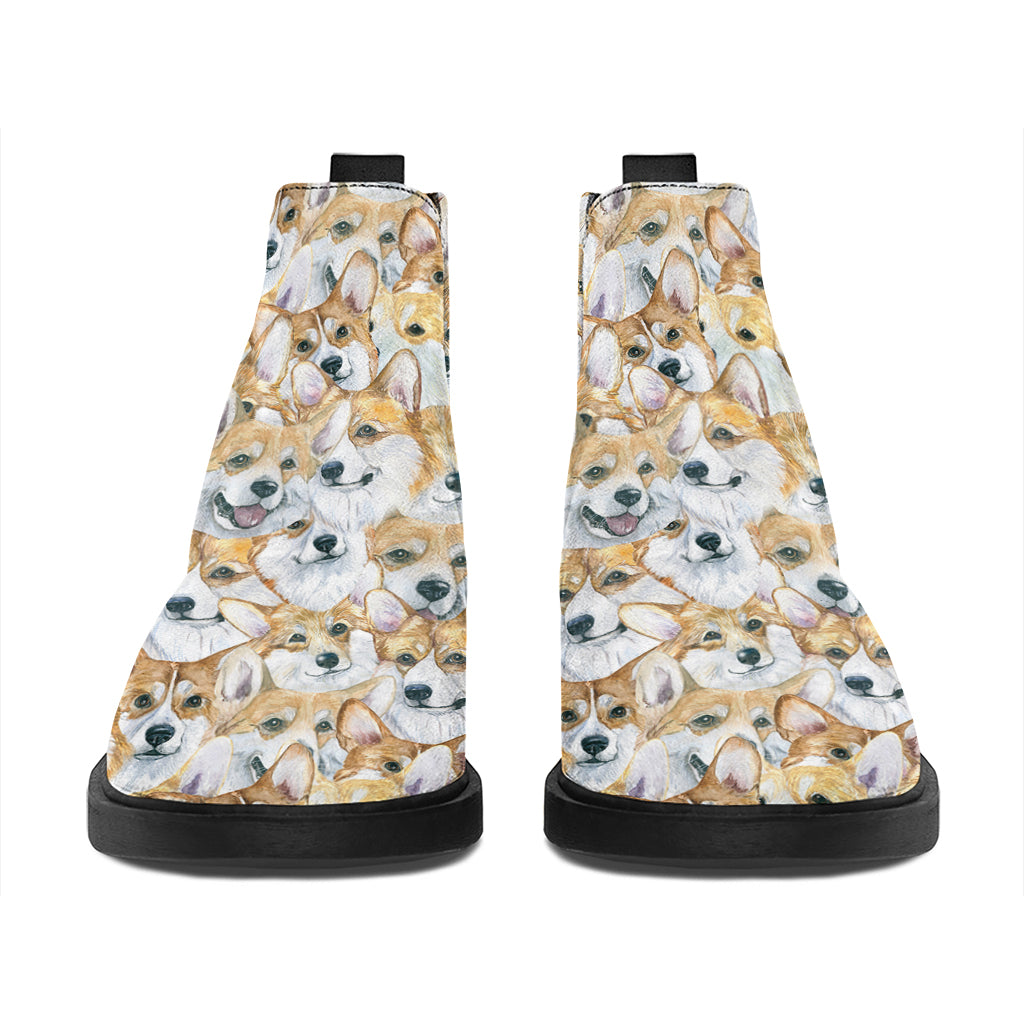 Watercolor Corgi Pattern Print Flat Ankle Boots