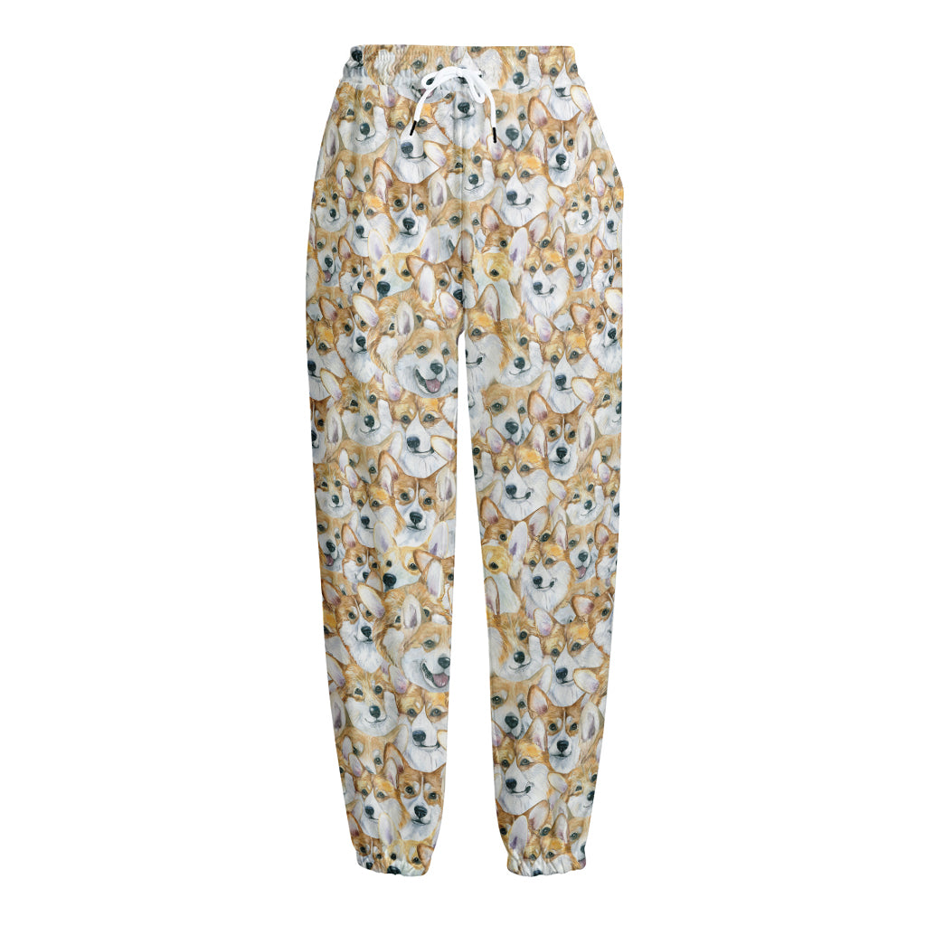 Watercolor Corgi Pattern Print Fleece Lined Knit Pants