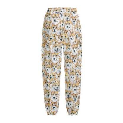 Watercolor Corgi Pattern Print Fleece Lined Knit Pants