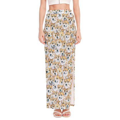Watercolor Corgi Pattern Print High Slit Maxi Skirt