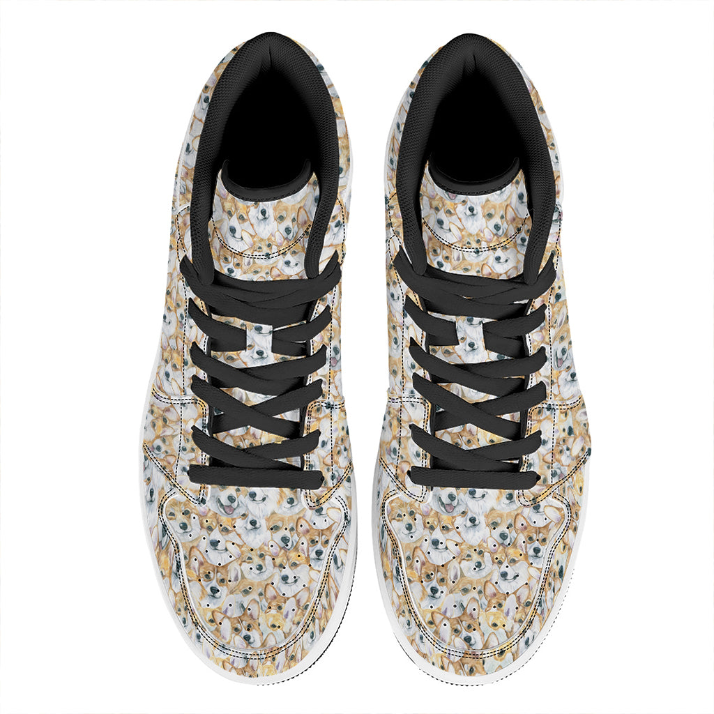 Watercolor Corgi Pattern Print High Top Leather Sneakers