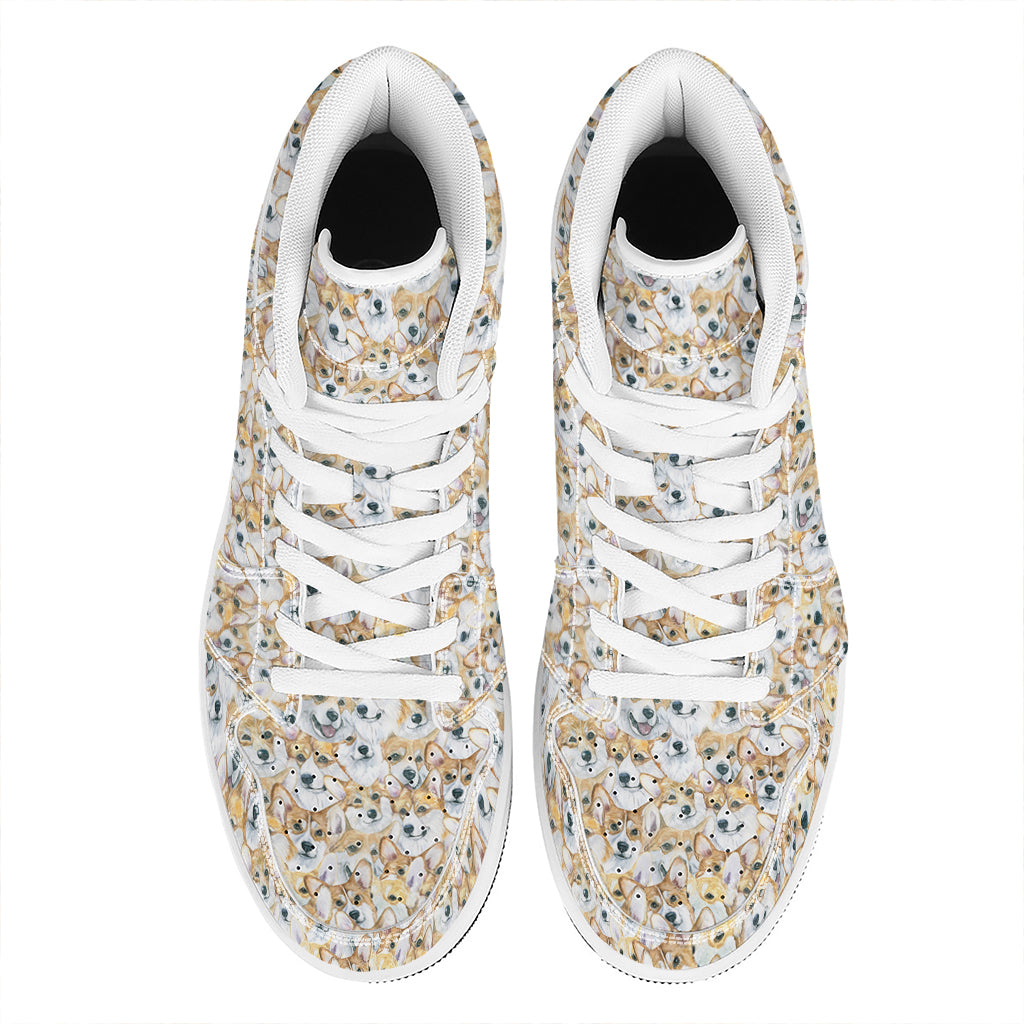Watercolor Corgi Pattern Print High Top Leather Sneakers