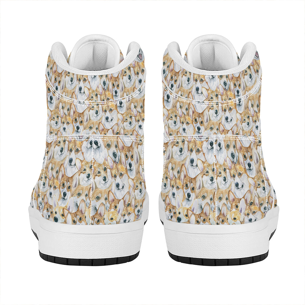 Watercolor Corgi Pattern Print High Top Leather Sneakers
