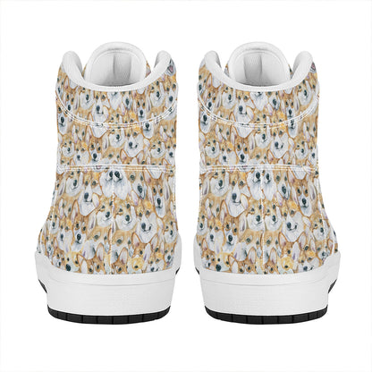 Watercolor Corgi Pattern Print High Top Leather Sneakers