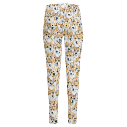 Watercolor Corgi Pattern Print High-Waisted Pocket Leggings