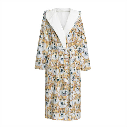 Watercolor Corgi Pattern Print Hooded Bathrobe