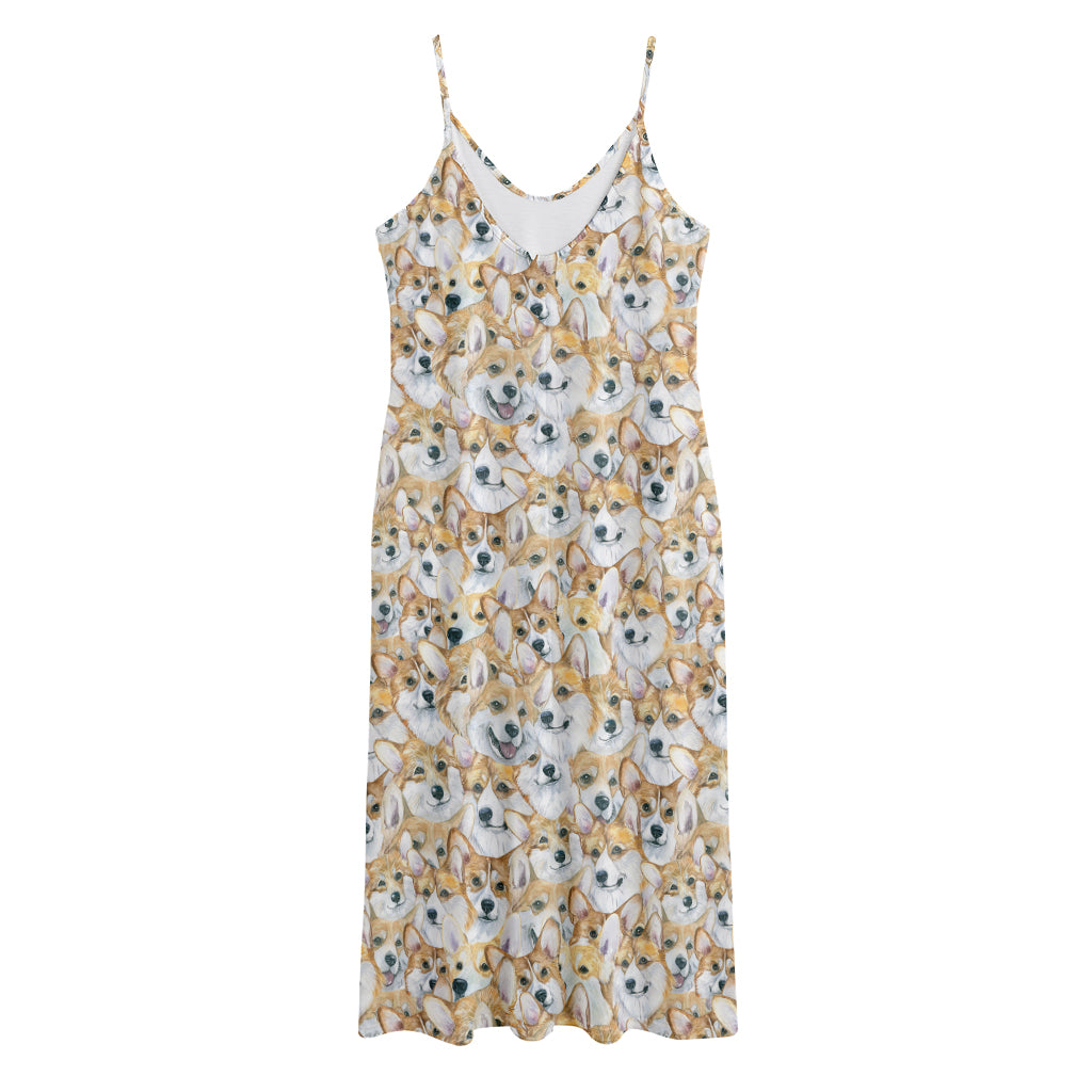 Watercolor Corgi Pattern Print Jersey Midi Cami Dress