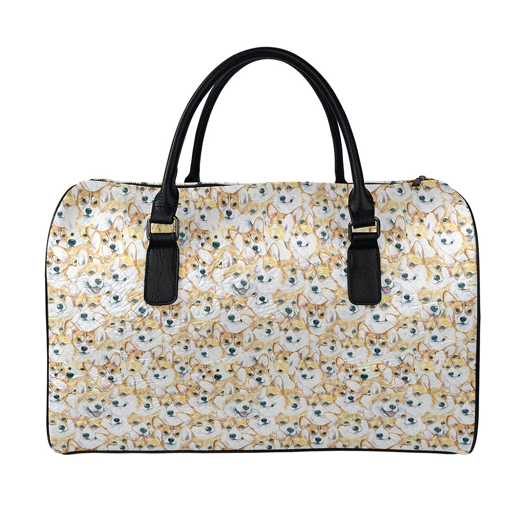 Watercolor Corgi Pattern Print Leather Duffle Bag