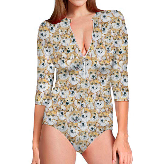 Watercolor Corgi Pattern Print Long Sleeve Swimsuit