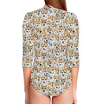 Watercolor Corgi Pattern Print Long Sleeve Swimsuit