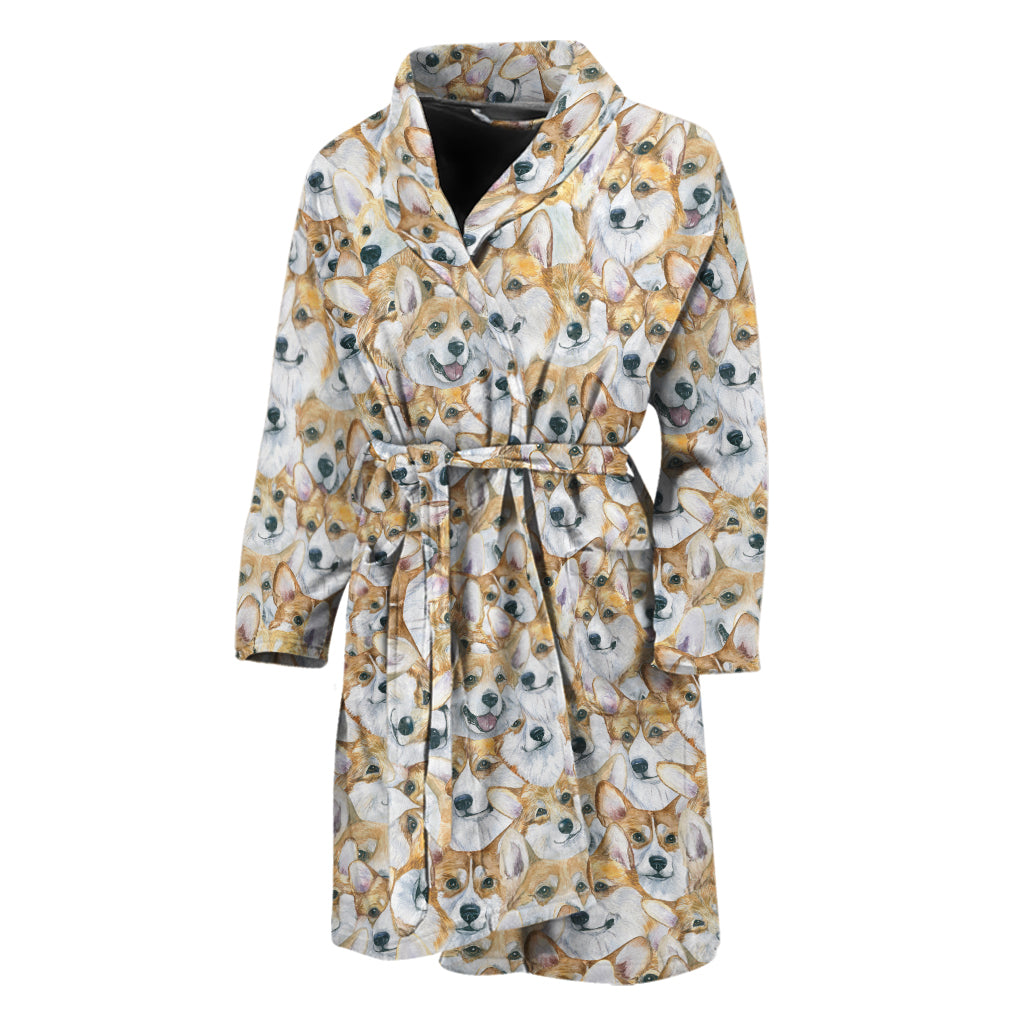 Watercolor Corgi Pattern Print Men's Bathrobe