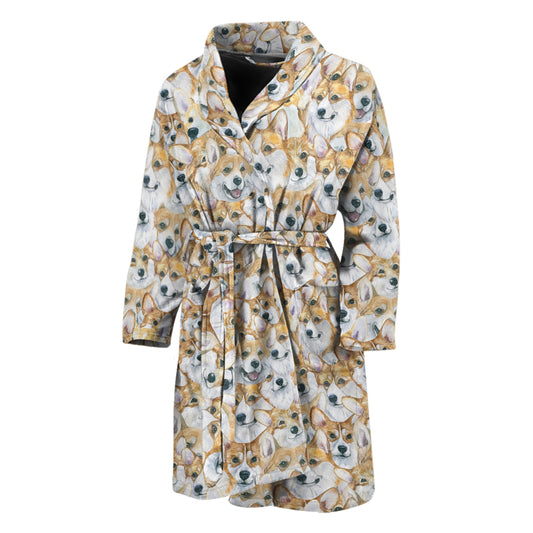 Watercolor Corgi Pattern Print Men's Bathrobe