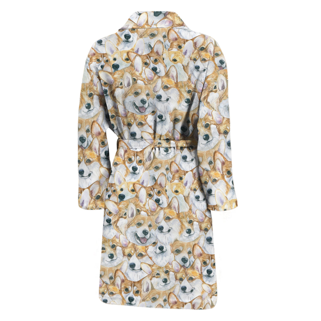 Watercolor Corgi Pattern Print Men's Bathrobe