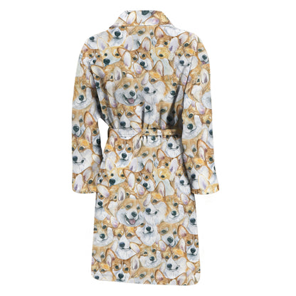 Watercolor Corgi Pattern Print Men's Bathrobe